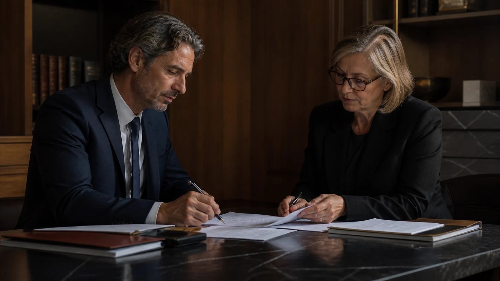 Deux avocats préparant une stratégie de dossier en réunion