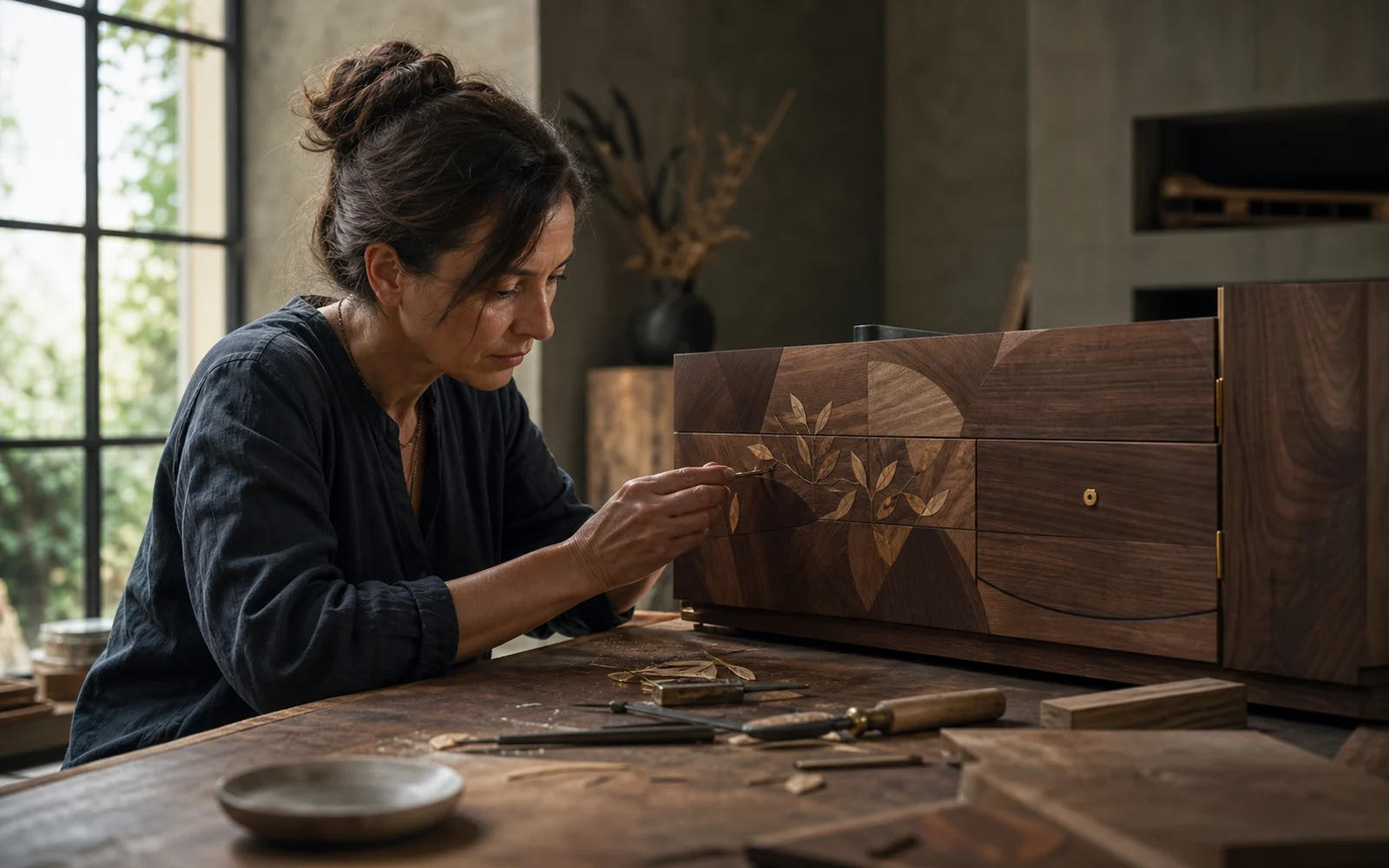 Maître artisane réalisant une marqueterie pour Craftland
